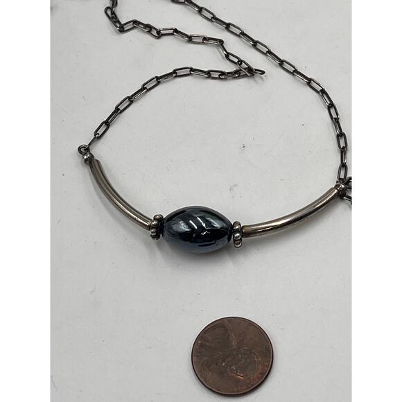 Sterling Silver 925 Artisan Made Chain Center Hematite Bead Accent Necklace - Picture 8 of 11